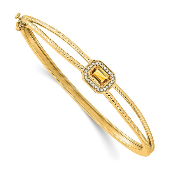 7" 14k Yellow Gold Emerald-shape Citrine and Diamond Halo Bangle Bracelet