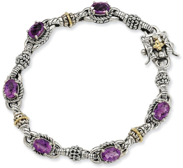 7.25" Sterling Silver & 14k Yellow Gold Amethyst Bracelet