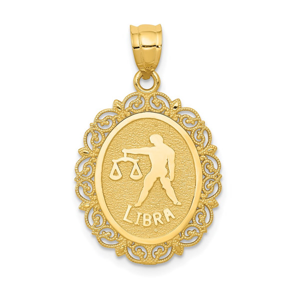 14k Yellow Gold Solid Satin Polished Libra Zodiac Oval Pendant