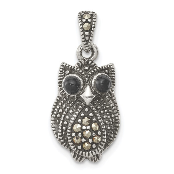 Sterling Silver Marcasite and Black Agate Owl Pendant