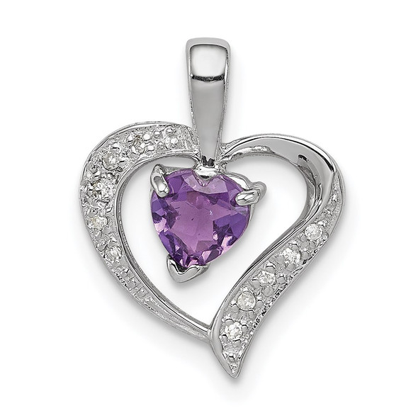 Sterling Silver Rhodium Heart Amethyst & Diamond Heart Pendant