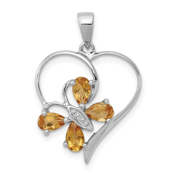 Rhodium-Plated Sterling Silver Citrine and Diamond Butterfly Heart Pendant