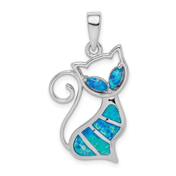 Sterling Silver Rhodium-Plated Lab-Created Opal Cat Pendant