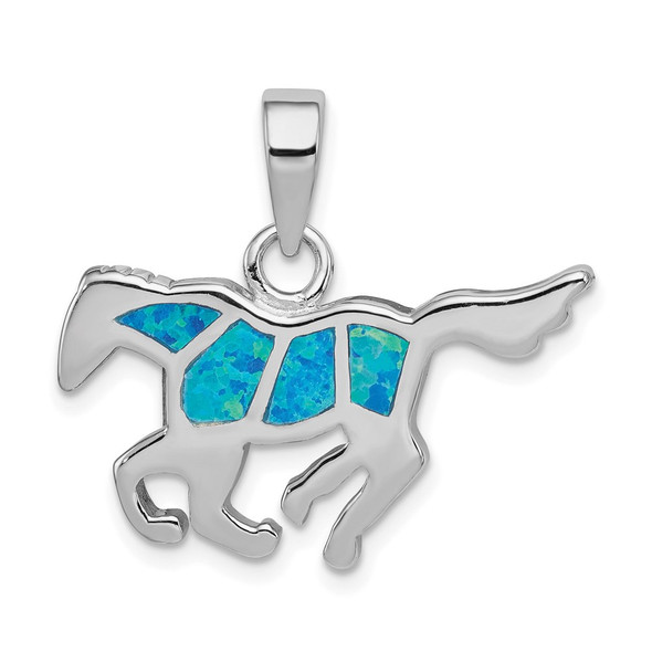 Sterling Silver Rhodium-Plated Lab-Created Blue Opal Inlay Horse Pendant