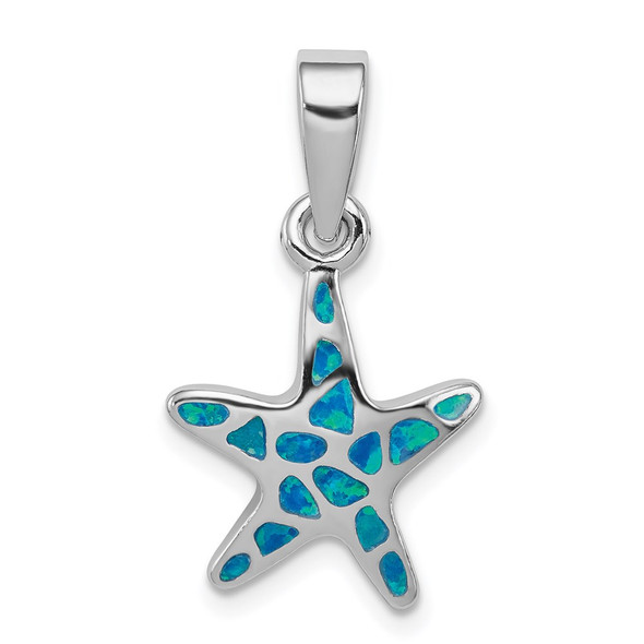 Sterling Silver Rhodium-plated Created Blue Opal Starfish Pendant