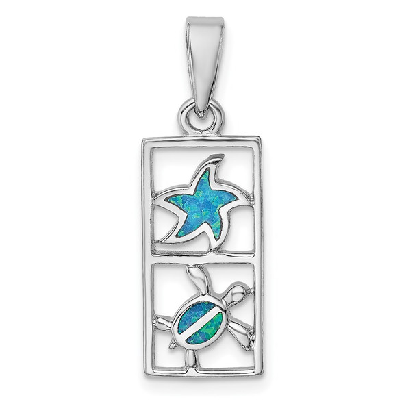 Sterling Silver Rhodium-Plated Blue Lab-Created Opal Starfish Turtle Pendant