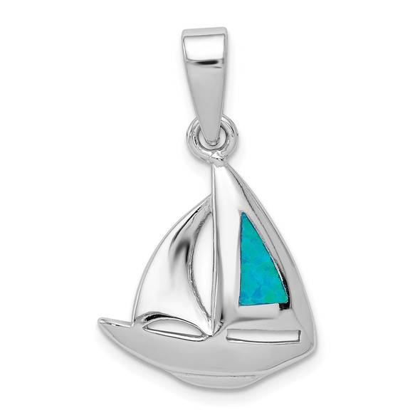 Sterling Silver Rhodium Plated Blue Inlay Created Opal Sailboat Pendant