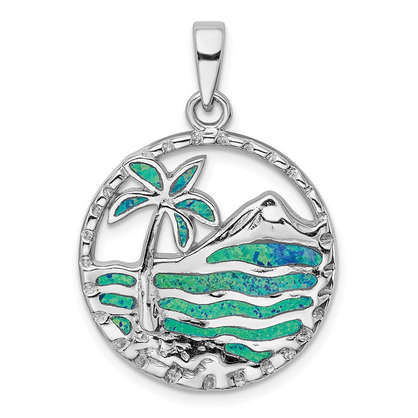 Sterling Silver Rhodium-Plated Blue Lab-Created Opal Palm Tree Ocean Pendant