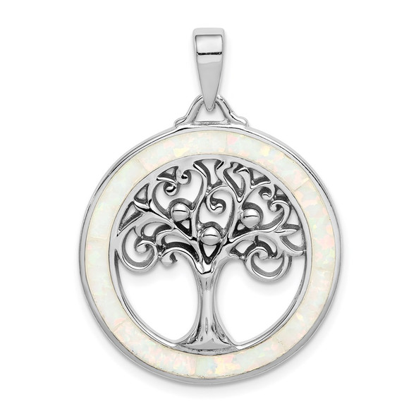 Sterling Silver Rhodium-plated Lab-Created Opal Circle w/Tree Pendant