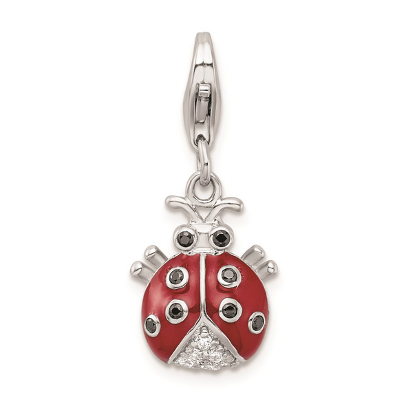 Sterling Silver CZ Rhodium Plated 3-D Enameled Ladybug w/Lobster Clasp Charm