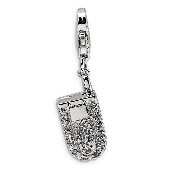 Rhodium-Plated Sterling Silver Flip Cell Phone CZ w/Lobster Clasp Charm