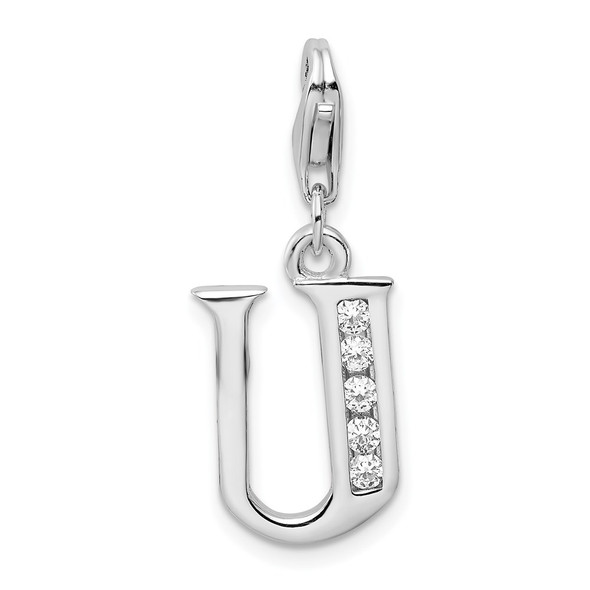 Rhodium-Plated Sterling Silver CZ Letter U w/Lobster Clasp Charm QCC104U