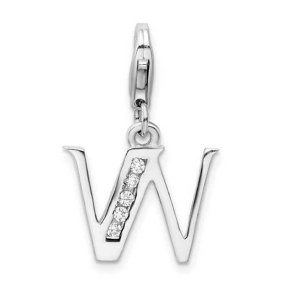 Rhodium-Plated Sterling Silver CZ Letter W w/Lobster Clasp Charm QCC104W