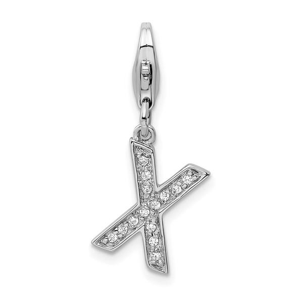 Rhodium-Plated Sterling Silver CZ Letter X w/Lobster Clasp Charm QCC105X