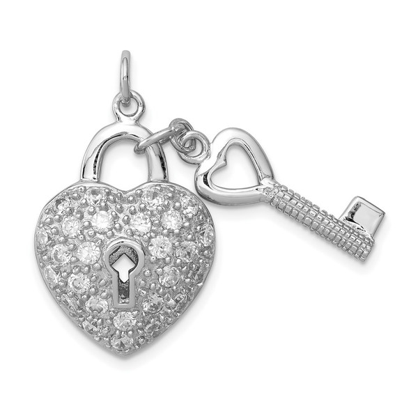 Sterling Silver Rhodium-Plated CZ Heart Lock and Key Charm QC8515