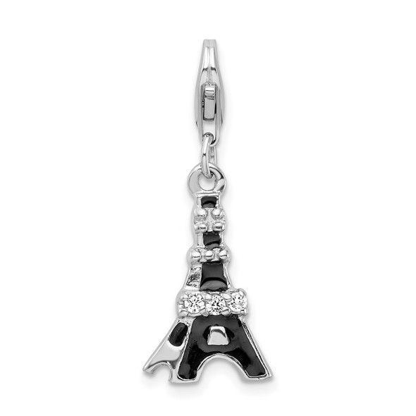 Sterling Silver Black Enameled CZ Eiffel Tower w/Lobster Clasp Charm