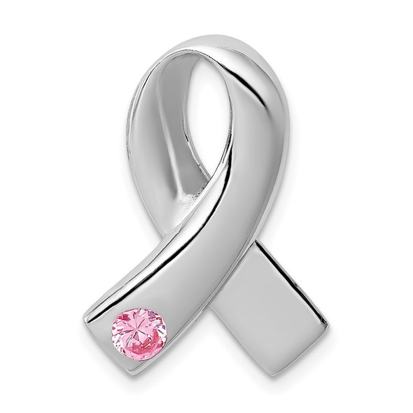 Sterling Silver Rhodium-Plated Pink CZ Awareness Ribbon Pendant