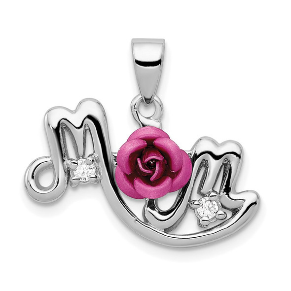 Sterling Silver Pink Flower & CZ Mom Pendant
