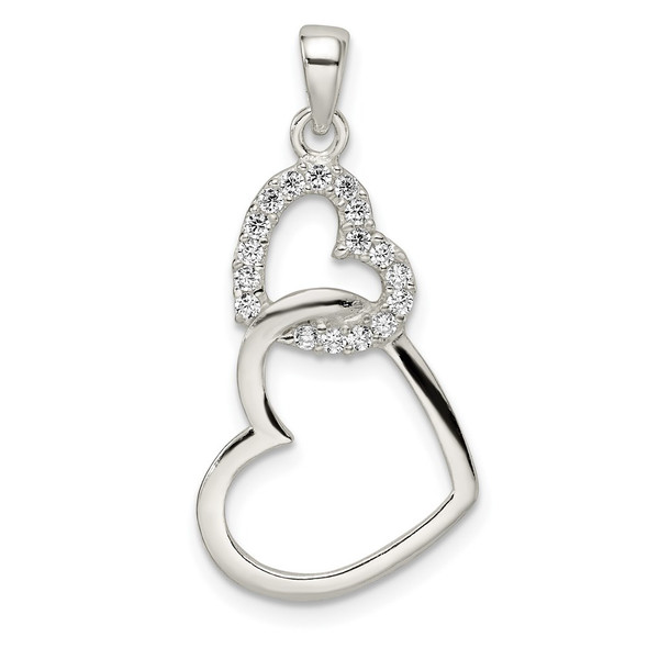 Sterling Silver Polished CZ Double Heart Pendant