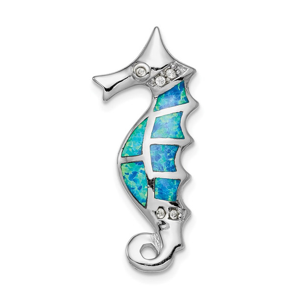 Sterling Silver Rhodium-plated Lab-Created Opal and CZ Seahorse Slide