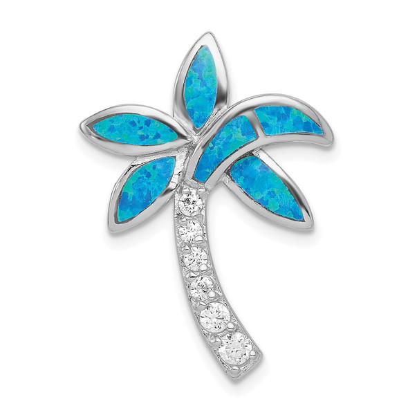 Sterling Silver CZ Blue Inlay Lab-Created Opal Palm Tree Pendant