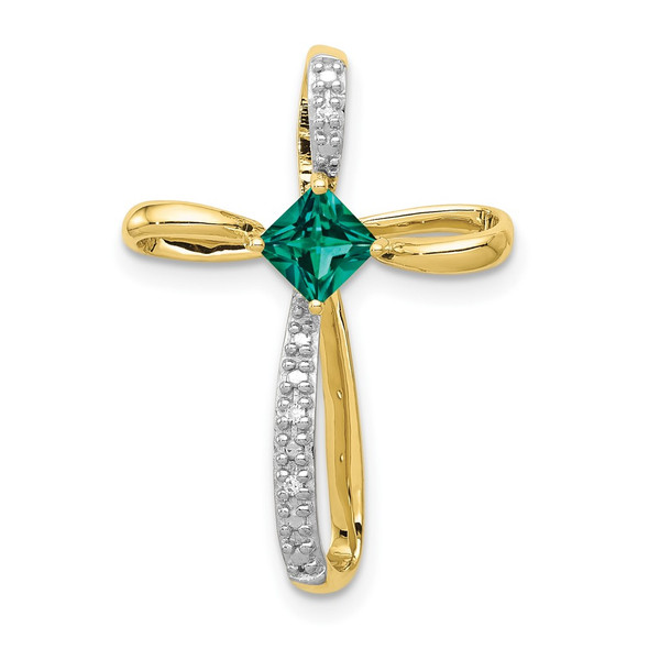 10k Yellow Gold w/Rhodium Lab-Created Emerald and Diamond Cross Pendant