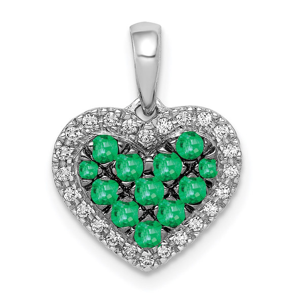 14k White Gold Rhodium Plated Diamond and Emerald Heart Pendant