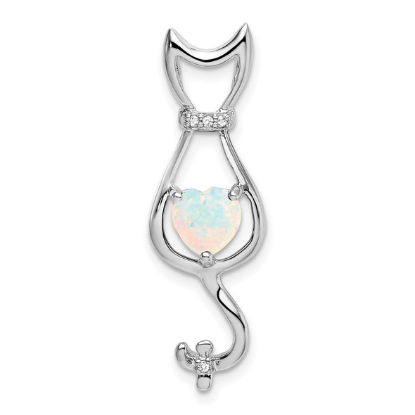 14k White Gold Lab-Created Opal And Diamond Cat Pendant