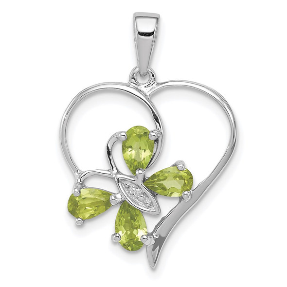 Rhodium-Plated Sterling Silver Peridot and Diamond Butterfly Heart Pendant