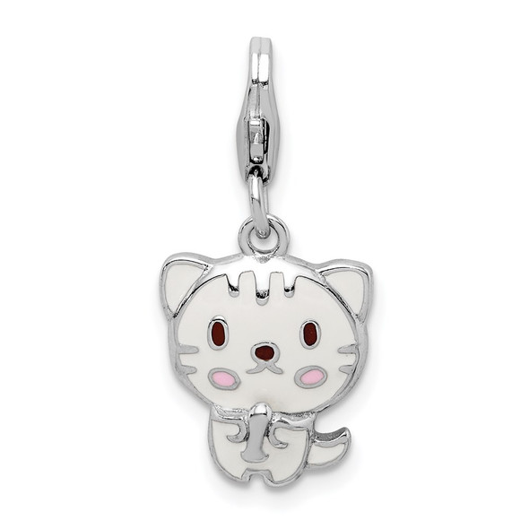 Sterling Silver Rhodium-plated Enameled Kitten w/Lobster Clasp Charm