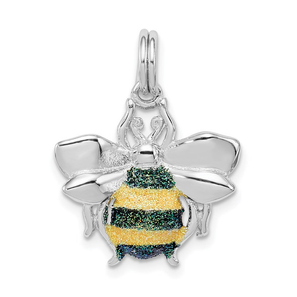 Rhodium-Plated Sterling Silver Green and Yellow Enamel Bee Charm