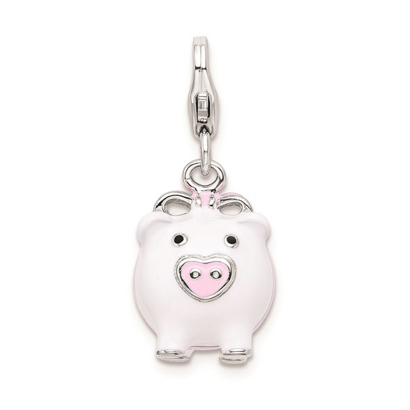 Sterling Silver 3-D Enameled Pig w/Lobster Clasp Charm