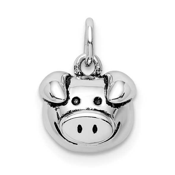 Sterling Silver Rhodium-Plated Antiqued Pig Head Charm