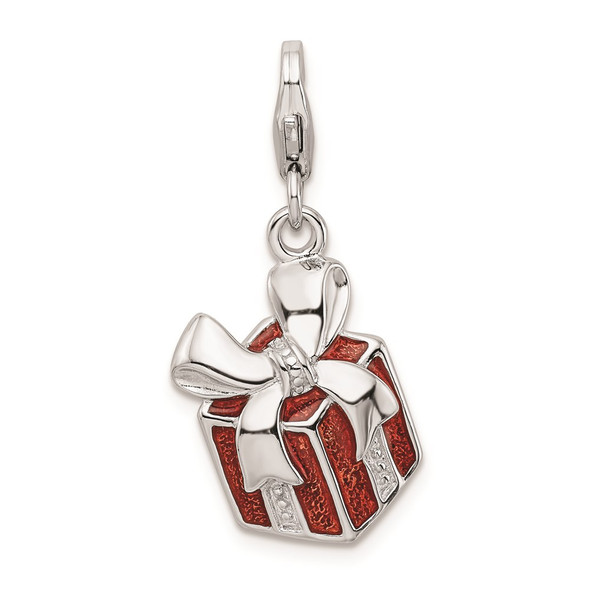 Sterling Silver Red Enameled Present w/Lobster Clasp Charm