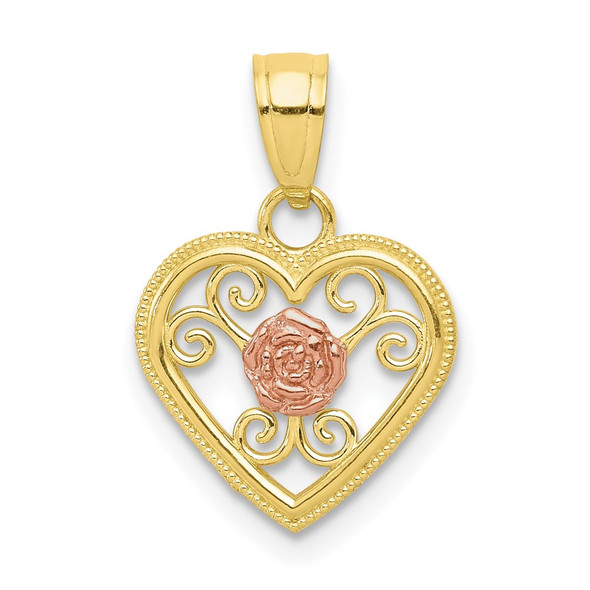 Small Cutout Two-Tone 10k Yellow and Rose Gold Heart w/ Rose Flower Charm