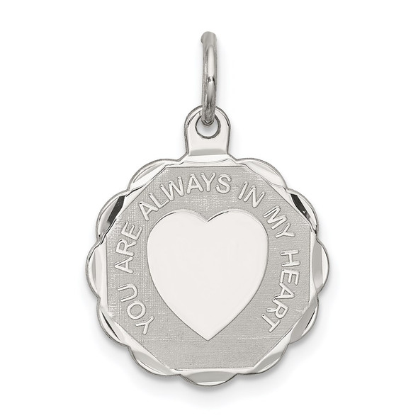 Sterling Silver Rhodium-plated You Are Always In My Heart Disc Charm