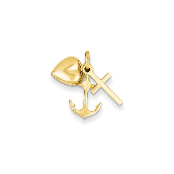 14k Yellow Gold Heart Cross and Anchor Charm