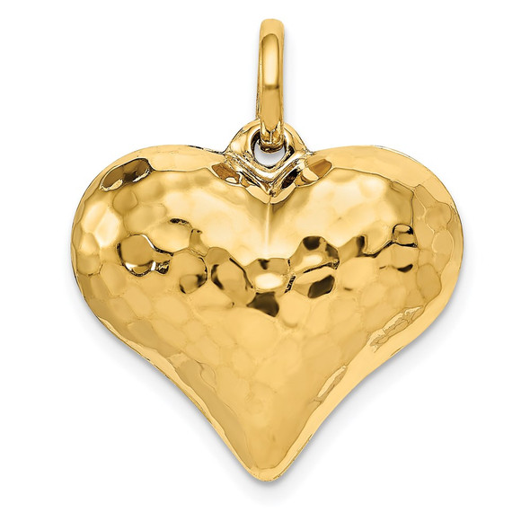 14k Yellow Gold Polished and Hammered 3-D Heart Charm D1044