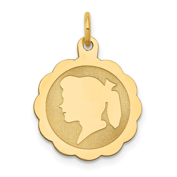 14k Yellow Gold Girl Head On .018 Gauge Engravable Scalloped Disc Charm XM84/18