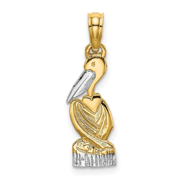 14k Yellow Gold and Rhodium Pelican Standing Pendant