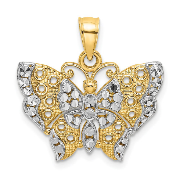 14k Yellow Gold w/Rhodium Butterfly w/White Edge and Cut-out Wings Pendant