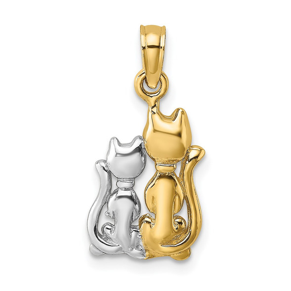 14k Yellow Gold and Rhodium Polished and 2-D Cat and Kitten Pendant