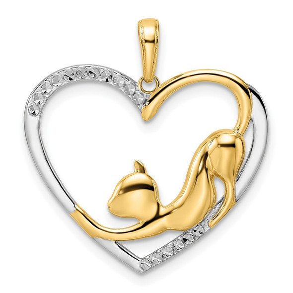 14k Yellow Gold and White Rhodium Diamond-cut Cat Stretching in Heart Pendant