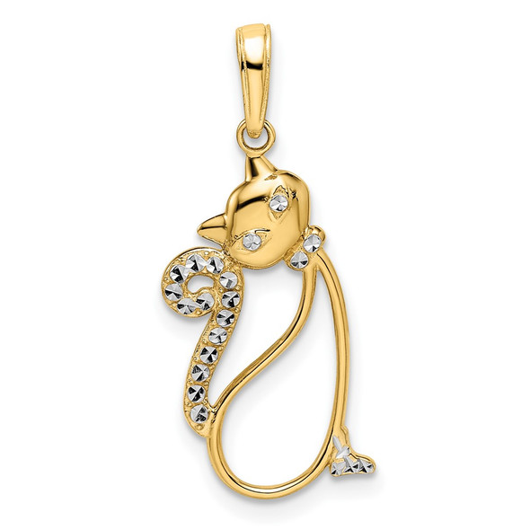 14k Yellow Gold and White Rhodium Diamond-cut Cat Pendant