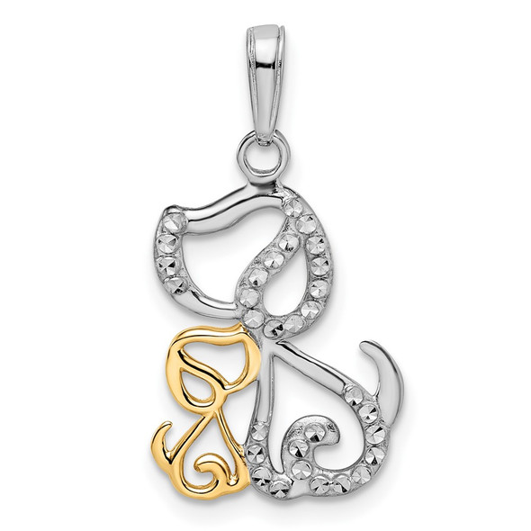 14k Yellow Gold and White Rhodium Diamond-cut Dog and Puppy Pendant