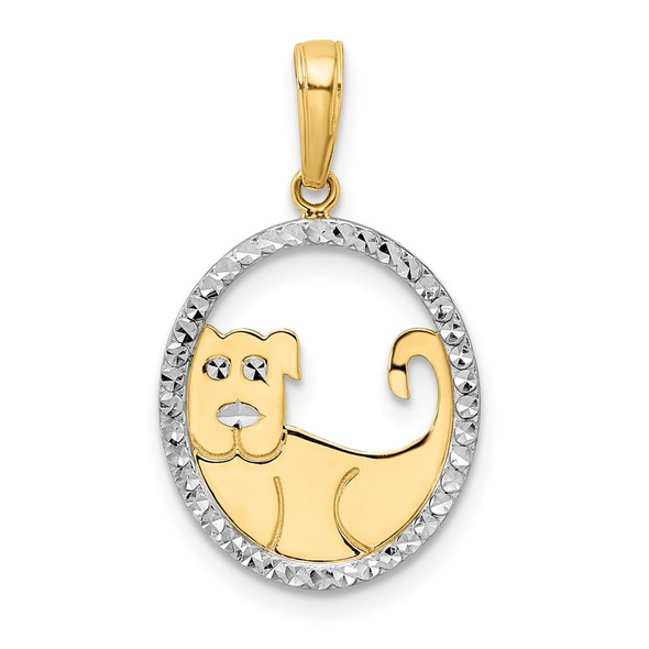 14k Yellow Gold and White Rhodium Diamond-cut Dog in Oval Pendant