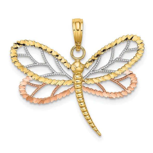 14k Yellow and Rose Gold w/ Rhodium Dragonfly Diamond-cut Wings Pendant 439