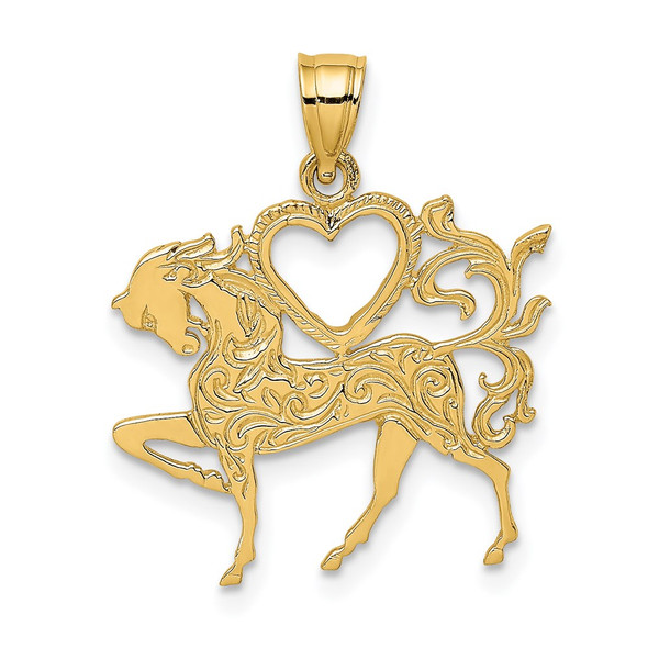 14k Yellow Gold Textured Heart and Horse Pendant