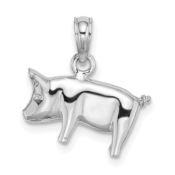 14k White Gold 3-D Polished Pig With Curly Tail Pendant