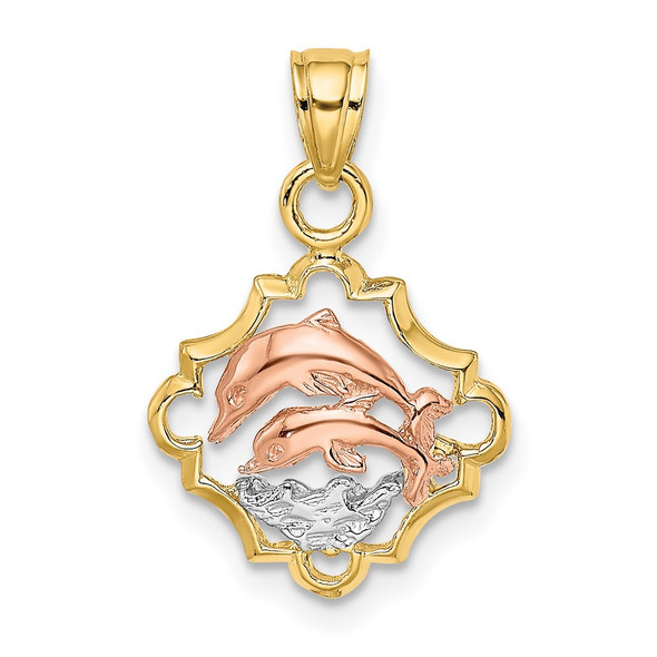 14k Yellow and Rose Gold with Rhodium Double Dolphins In Frame Pendant